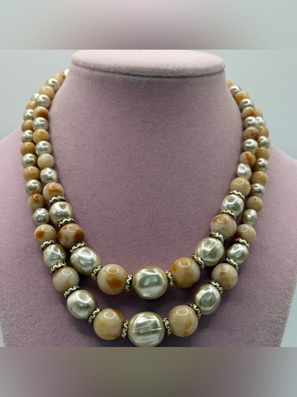 Vintage Pearl and Caramel Bead Double-Strand Necklace